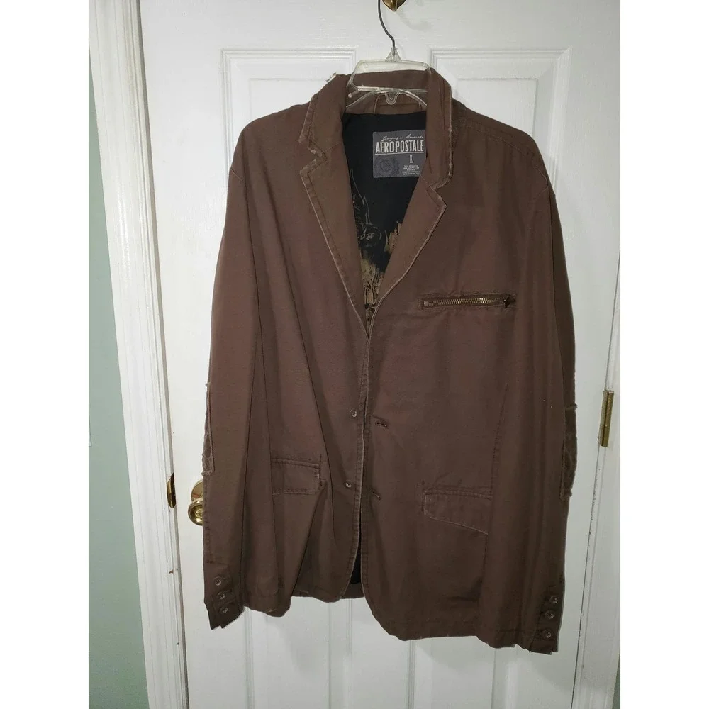 Aeropostale Compagnie Generale Brown Cotton Canvas Blazer Jacket Corduroy Trim L
